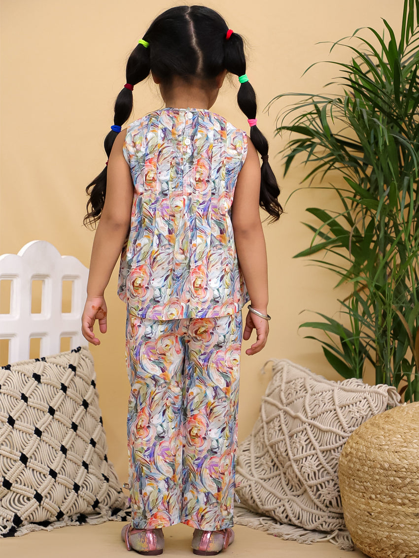 Cuddly Cubs Girls Multicolor Floral Print Sleeveless Top and Trousers Co-ord Set