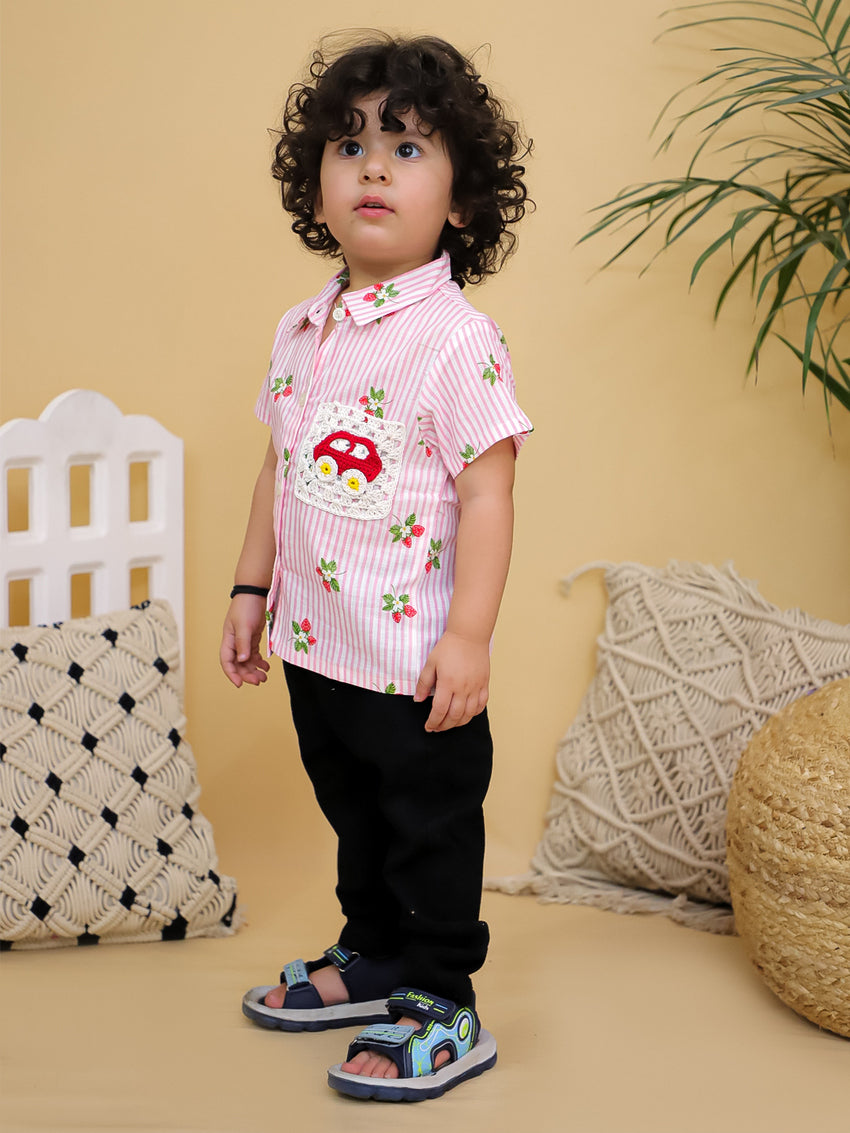 Cuddly Cubs Unisex Pink Striped Cotton Shirt with Handcrafted Crochet Car Patch