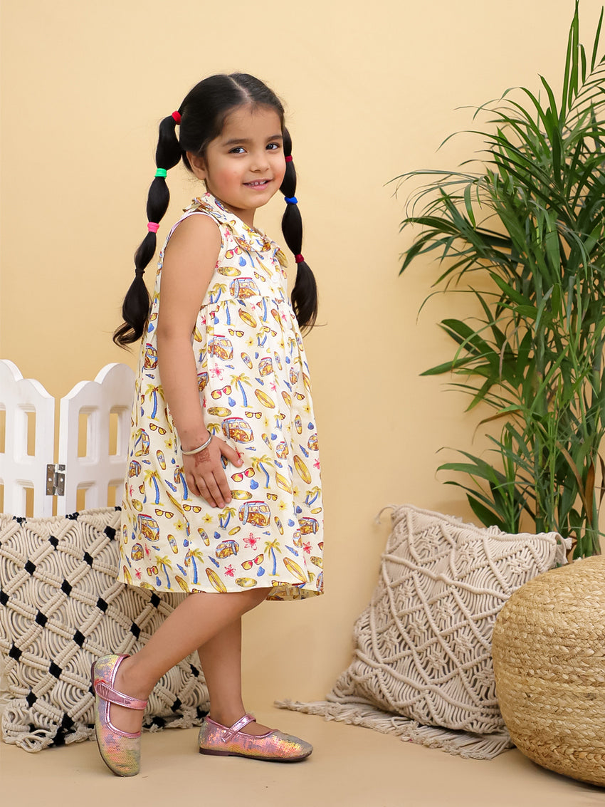 Cuddly Cubs Girls Cream Vacation Print Sleeveless Dress with Peter Pan Collar
