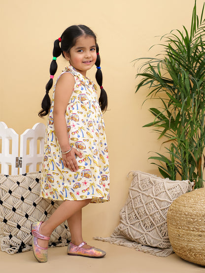 Cuddly Cubs Girls Cream Vacation Print Sleeveless Dress with Peter Pan Collar