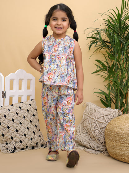 Cuddly Cubs Girls Multicolor Floral Print Sleeveless Top and Trousers Co-ord Set
