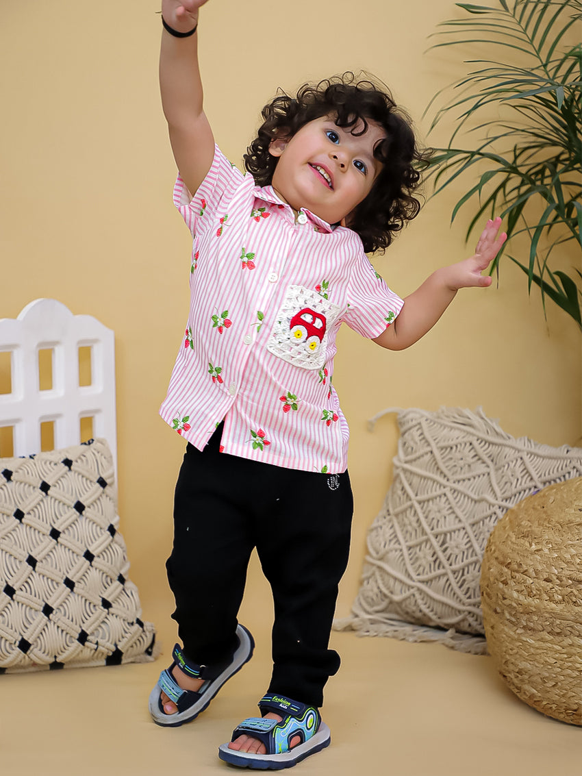 Cuddly Cubs Unisex Pink Striped Cotton Shirt with Handcrafted Crochet Car Patch