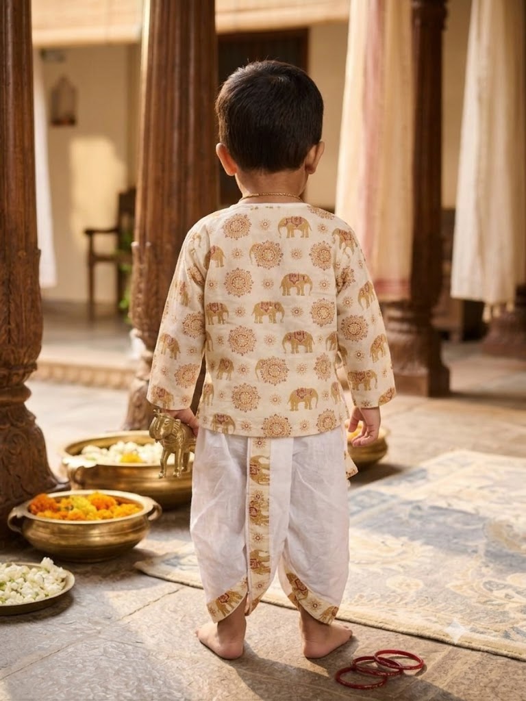 Cuddly Cubs Boys Beige Elephant printed Dhoti Kurta Set