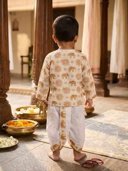 Cuddly Cubs Boys Beige Elephant printed Dhoti Kurta Set
