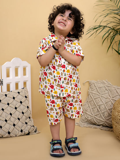 Cuddly Cubs Boys Hot Air Balloon Print Cotton Shirt and Shorts Co-ord Set