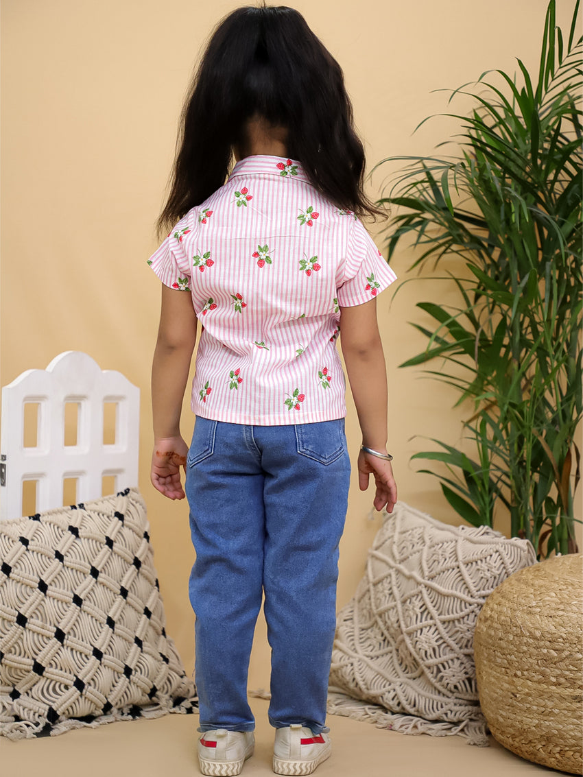 Cuddly Cubs Unisex Pink Striped Cotton Shirt with Handcrafted Crochet Car Patch
