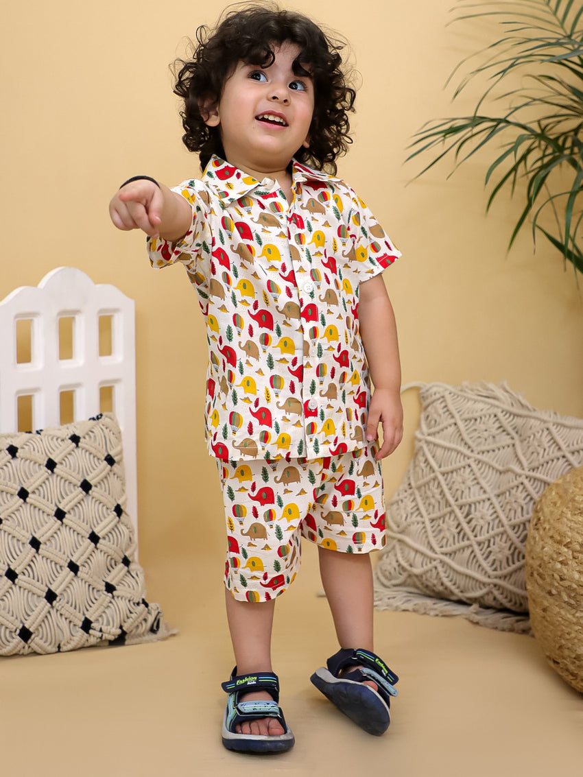 Cuddly Cubs Boys Hot Air Balloon Print Cotton Shirt and Shorts Co-ord Set