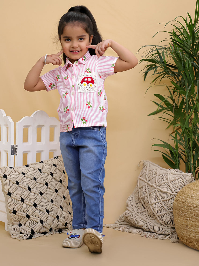 Cuddly Cubs Unisex Pink Striped Cotton Shirt with Handcrafted Crochet Car Patch