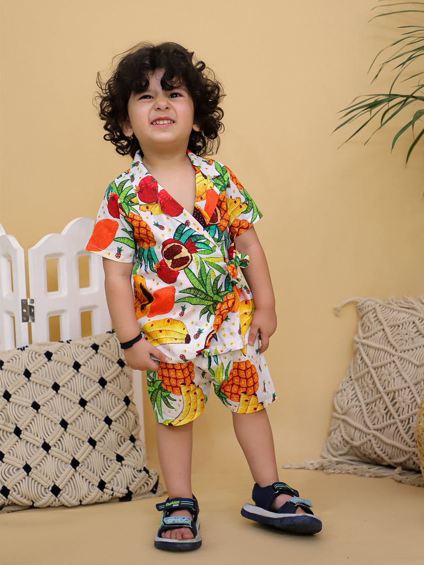 Cuddly Cubs Boys Multicolor Tropical Fruit Print Cotton Side-Tie Shirt and Shorts Co-ord Set