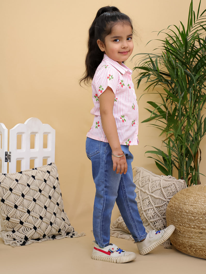 Cuddly Cubs Unisex Pink Striped Cotton Shirt with Handcrafted Crochet Car Patch