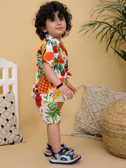 Cuddly Cubs Boys Multicolor Tropical Fruit Print Cotton Side-Tie Shirt and Shorts Co-ord Set