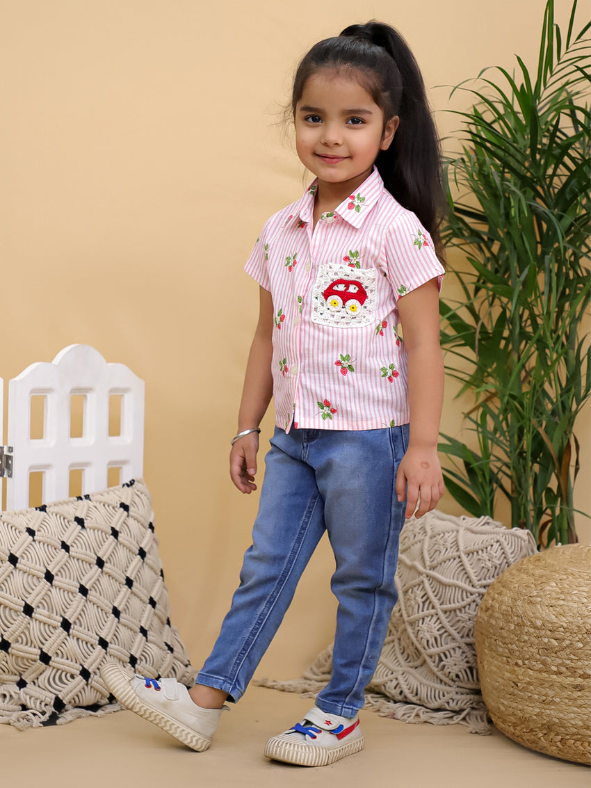 Cuddly Cubs Unisex Pink Striped Cotton Shirt with Handcrafted Crochet Car Patch