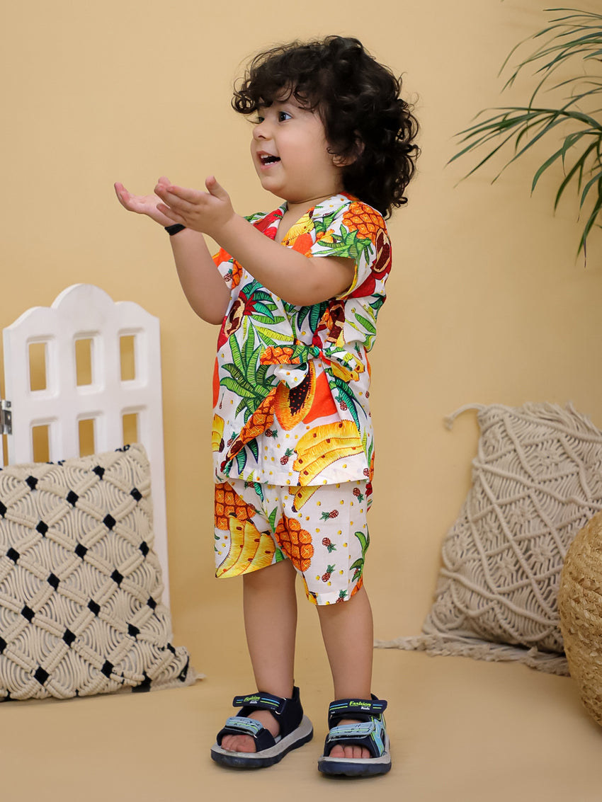 Cuddly Cubs Boys Multicolor Tropical Fruit Print Cotton Side-Tie Shirt and Shorts Co-ord Set