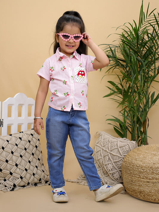 Cuddly Cubs Unisex Pink Striped Cotton Shirt with Handcrafted Crochet Car Patch