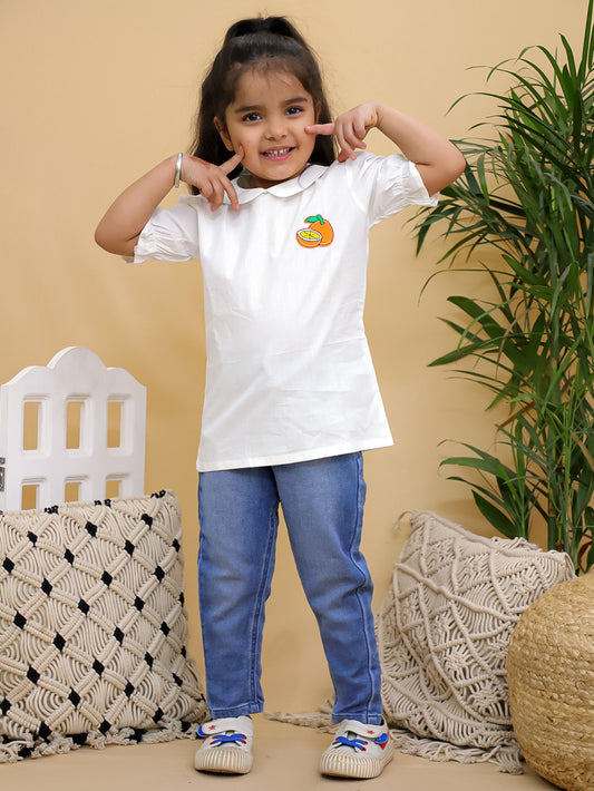 Cuddly Cubs Girls White Cotton Peter Pan Collar Top with Orange Patch