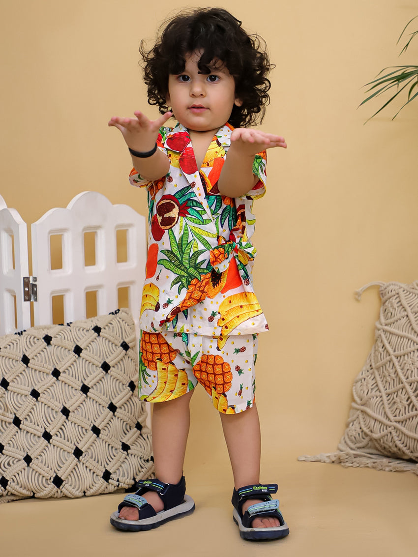 Cuddly Cubs Boys Multicolor Tropical Fruit Print Cotton Side-Tie Shirt and Shorts Co-ord Set