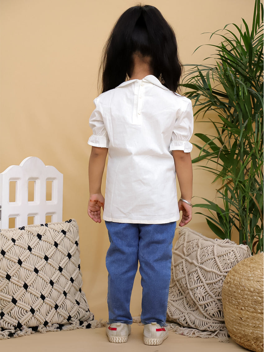 Cuddly Cubs Girls White Cotton Peter Pan Collar Top with Orange Patch