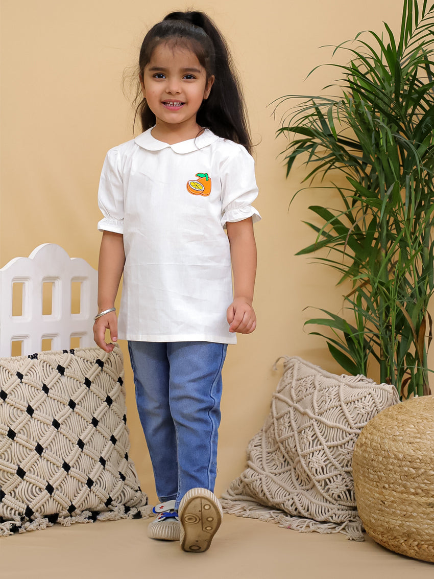 Cuddly Cubs Girls White Cotton Peter Pan Collar Top with Orange Patch