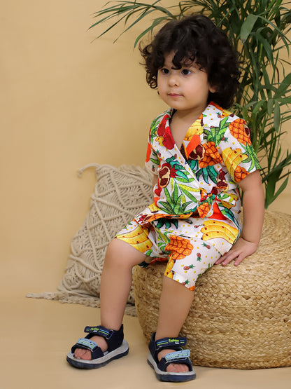 Cuddly Cubs Boys Multicolor Tropical Fruit Print Cotton Side-Tie Shirt and Shorts Co-ord Set