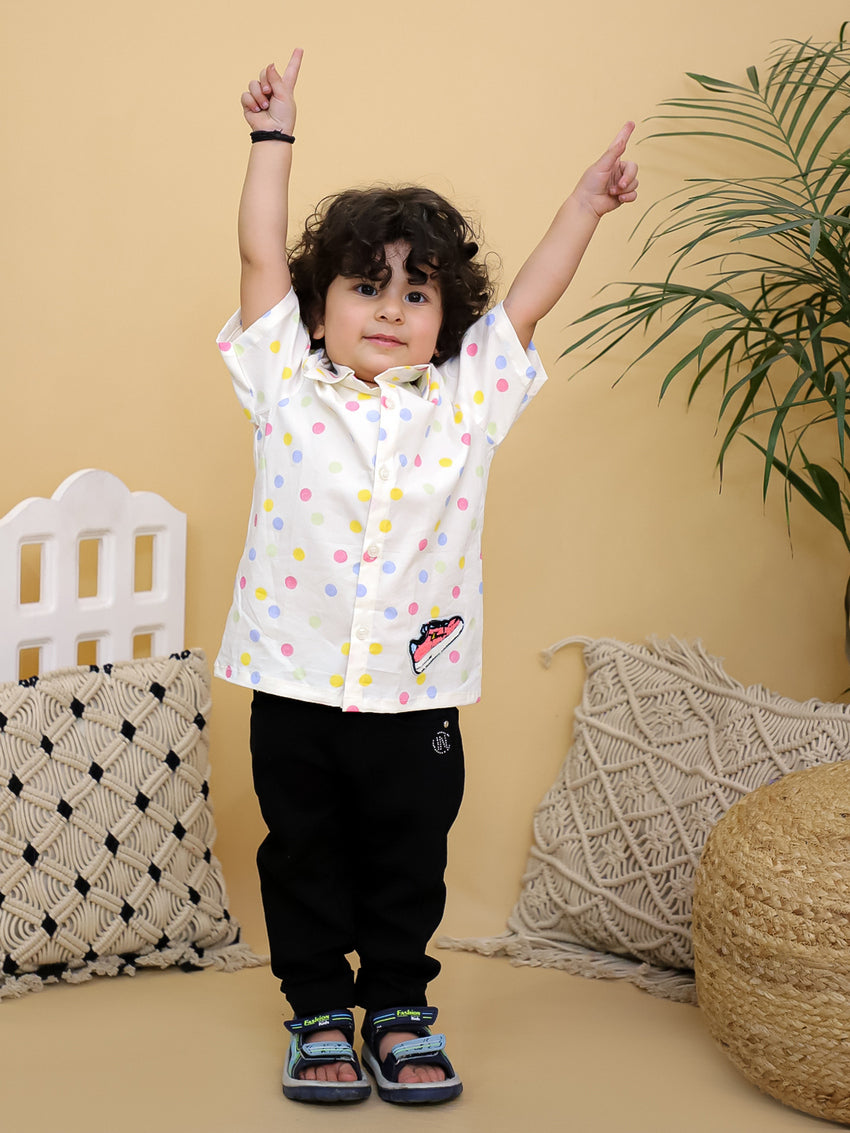 Cuddly Cubs Boys White Multi Color Polka Dot Printed Casual Shirt