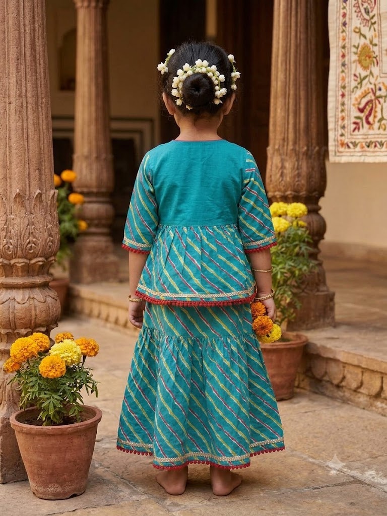 Cuddly Cubs Girls Blue Leheriya Angrakha Skirt Set