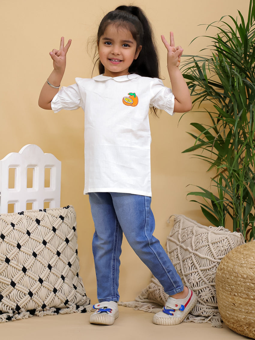 Cuddly Cubs Girls White Cotton Peter Pan Collar Top with Orange Patch