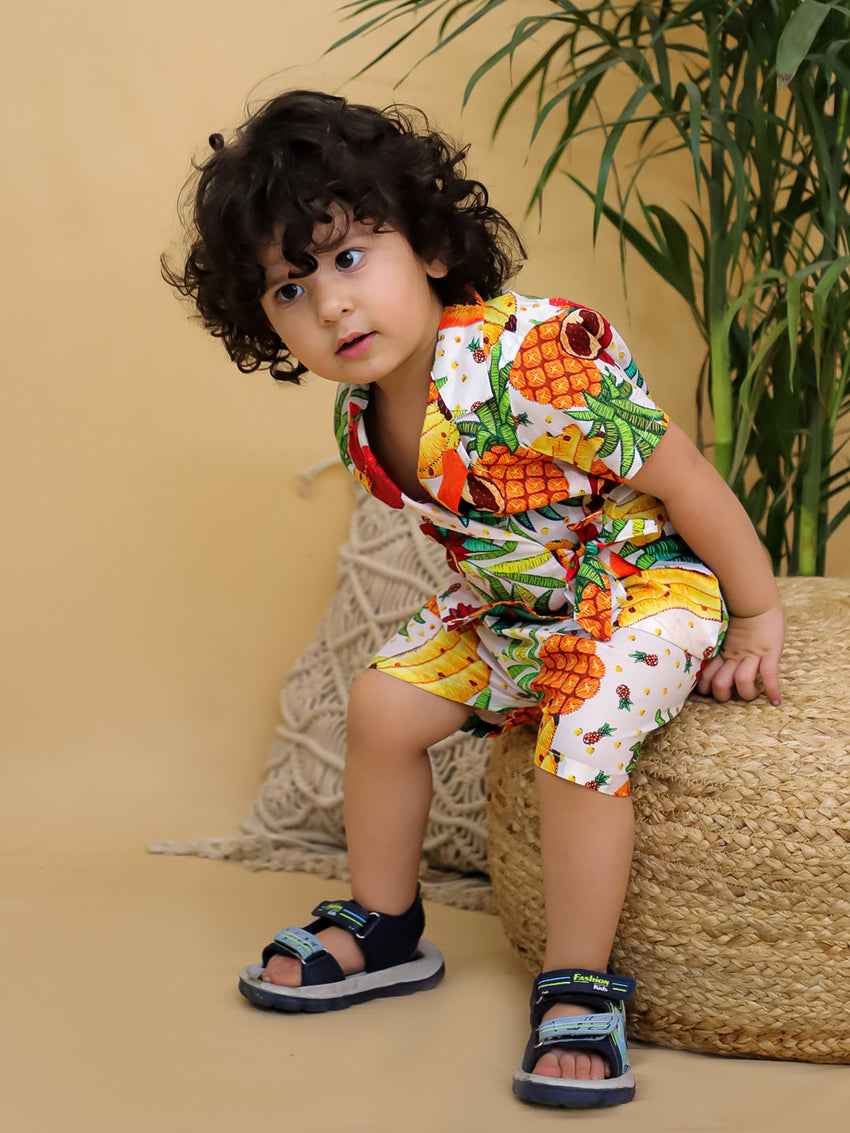 Cuddly Cubs Boys Multicolor Tropical Fruit Print Cotton Side-Tie Shirt and Shorts Co-ord Set