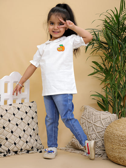 Cuddly Cubs Girls White Cotton Peter Pan Collar Top with Orange Patch