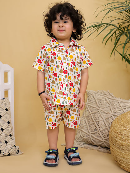 Cuddly Cubs Boys Hot Air Balloon Print Cotton Shirt and Shorts Co-ord Set