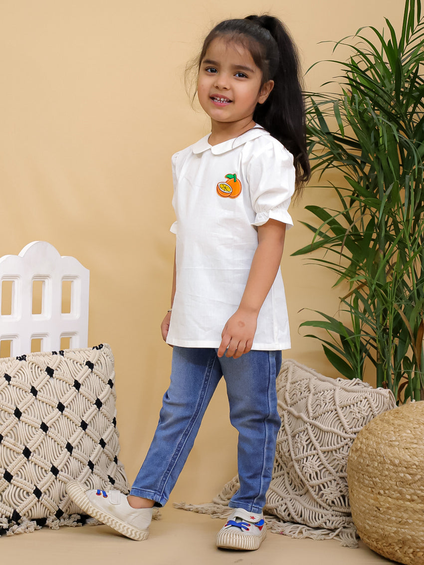 Cuddly Cubs Girls White Cotton Peter Pan Collar Top with Orange Patch