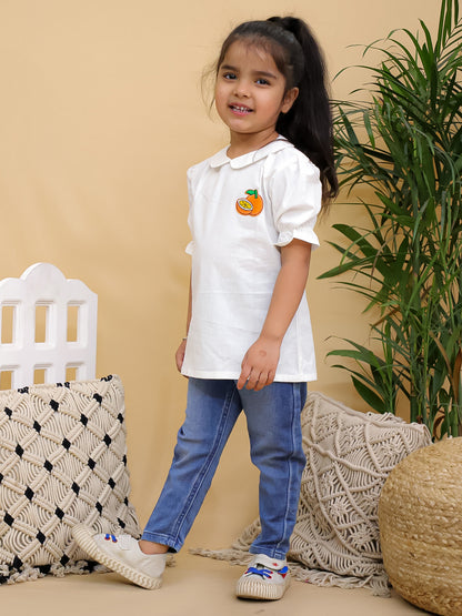 Cuddly Cubs Girls White Cotton Peter Pan Collar Top with Orange Patch