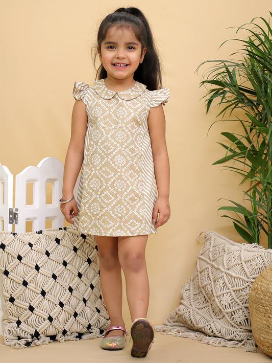 Cuddly Cubs Girls Beige Bandhani Print Flutter Sleeve A-Line Dress