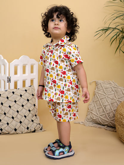 Cuddly Cubs Boys Hot Air Balloon Print Cotton Shirt and Shorts Co-ord Set