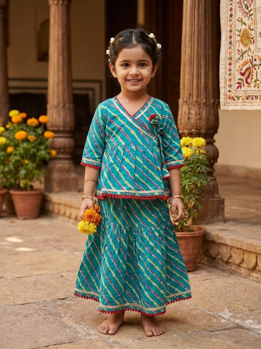 Cuddly Cubs Girls Blue Leheriya Angrakha Skirt Set