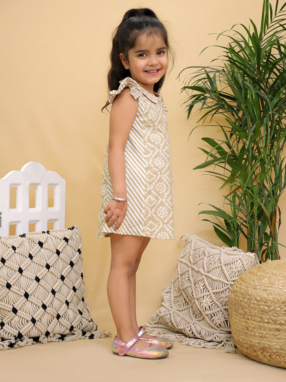 Cuddly Cubs Girls Beige Bandhani Print Flutter Sleeve A-Line Dress