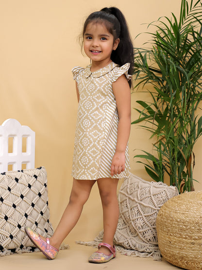 Cuddly Cubs Girls Beige Bandhani Print Flutter Sleeve A-Line Dress