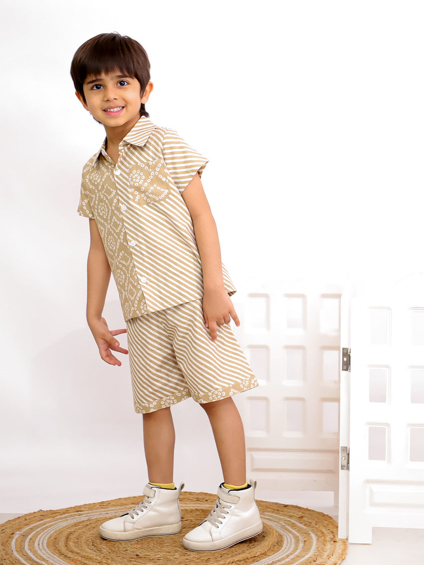 Cuddly Cubs Boys Beige Bandhani Print Cotton Shirt and Shorts Co-ord Set