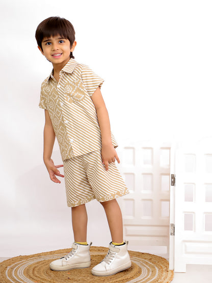 Cuddly Cubs Boys Beige Bandhani Print Cotton Shirt and Shorts Co-ord Set