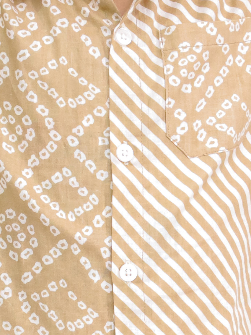 Cuddly Cubs Boys Beige Bandhani Print Cotton Shirt and Shorts Co-ord Set