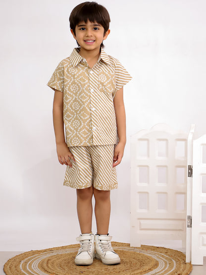 Cuddly Cubs Boys Beige Bandhani Print Cotton Shirt and Shorts Co-ord Set