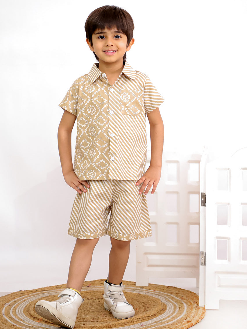 Cuddly Cubs Boys Beige Bandhani Print Cotton Shirt and Shorts Co-ord Set