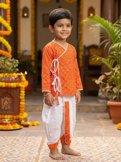 Cuddly Cubs Boys Red Bandhani Dhoti Kurta Set