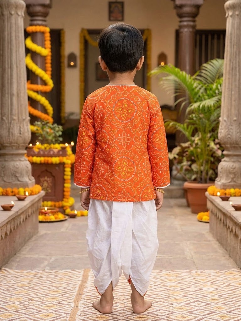 Cuddly Cubs Boys Red Bandhani Dhoti Kurta Set