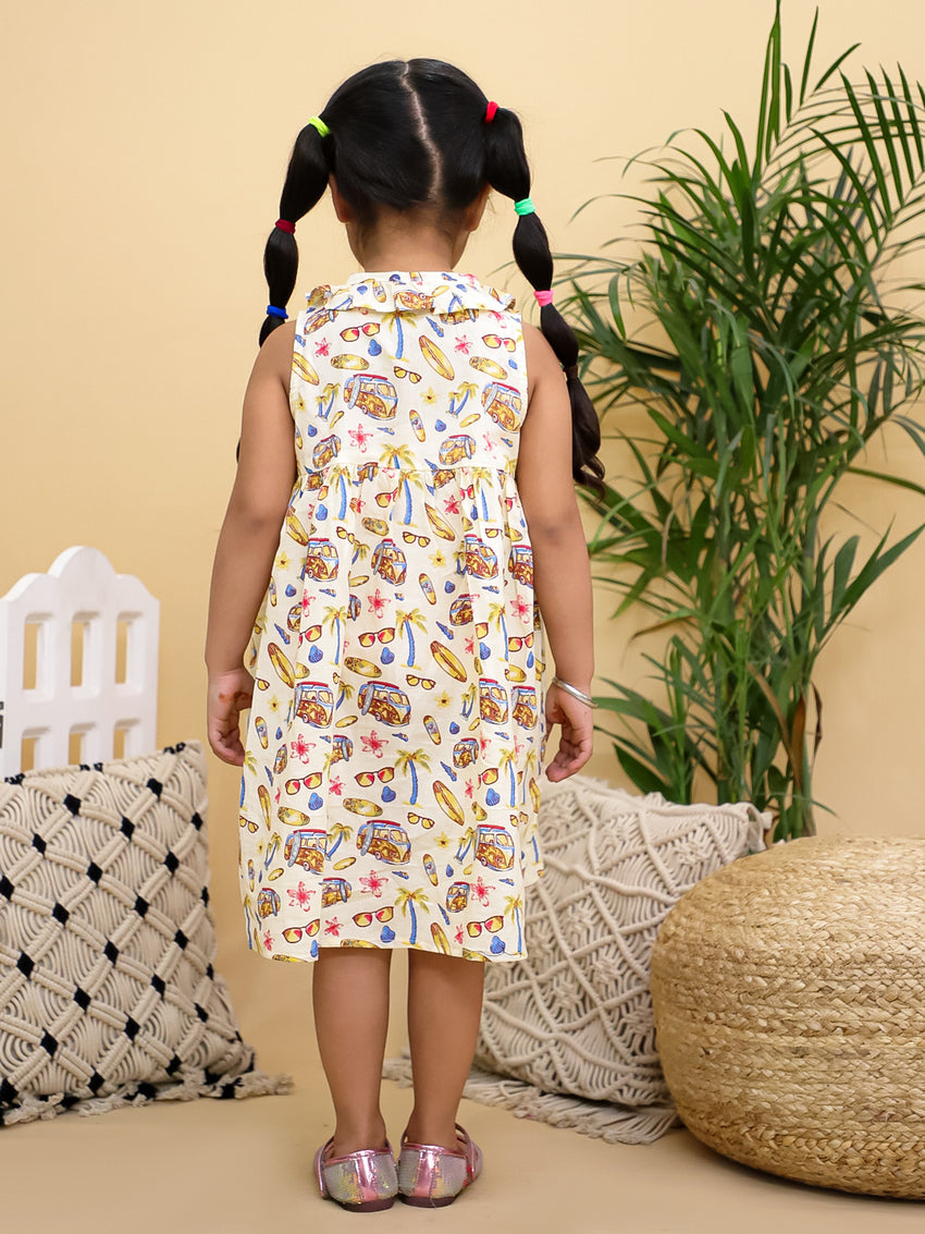 Cuddly Cubs Girls Cream Vacation Print Sleeveless Dress with Peter Pan Collar