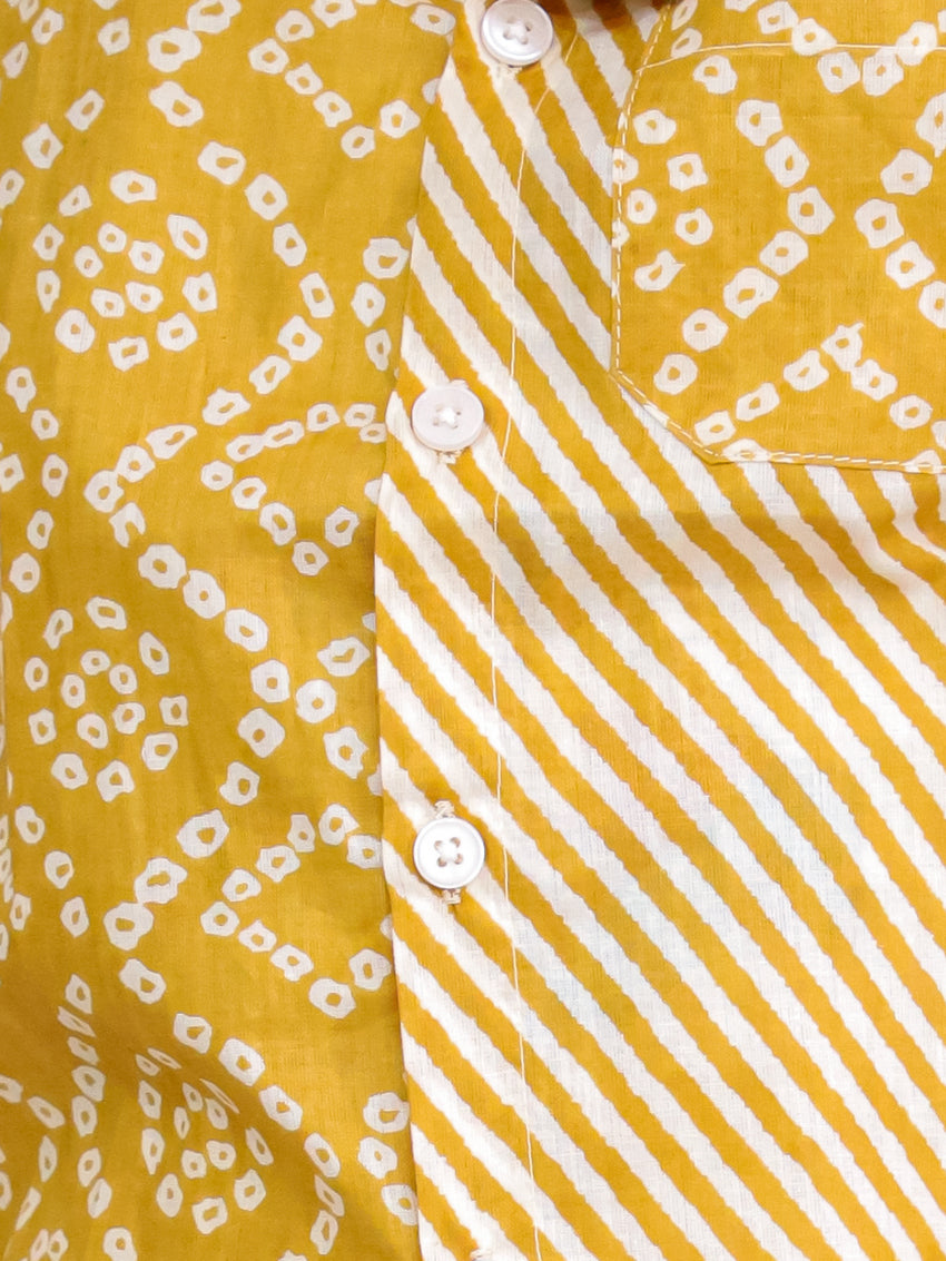 Cuddly Cubs Boys Yellow Bandhani Print Cotton Shirt and Shorts Co-ord Set
