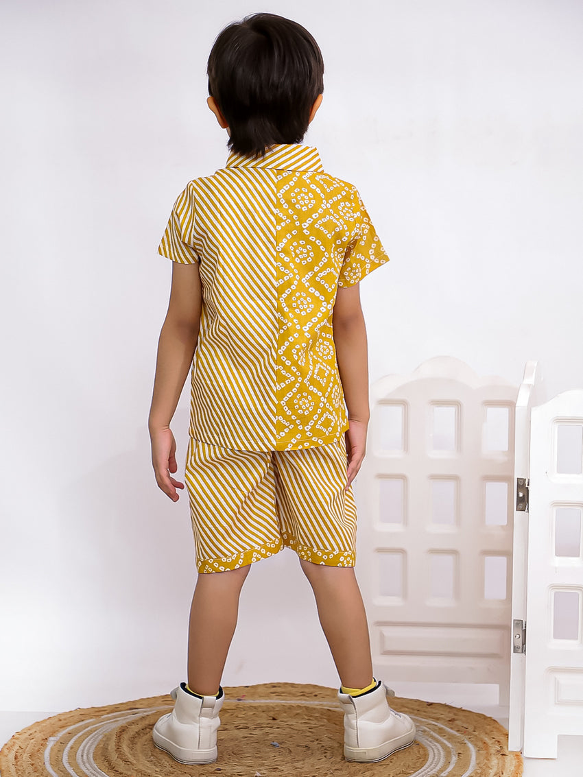 Cuddly Cubs Boys Yellow Bandhani Print Cotton Shirt and Shorts Co-ord Set