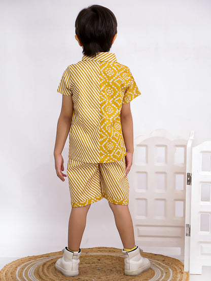 Cuddly Cubs Boys Yellow Bandhani Print Cotton Shirt and Shorts Co-ord Set