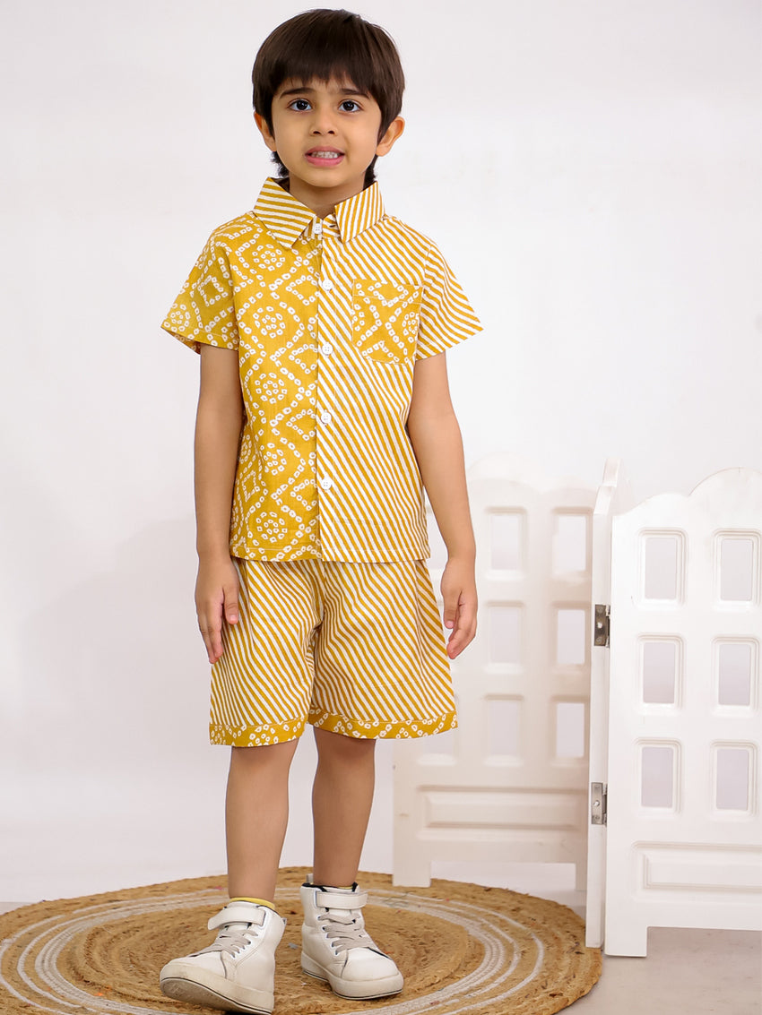Cuddly Cubs Boys Yellow Bandhani Print Cotton Shirt and Shorts Co-ord Set