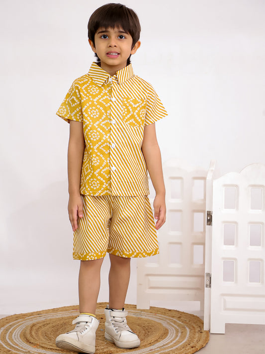 Cuddly Cubs Boys Yellow Bandhani Print Cotton Shirt and Shorts Co-ord Set