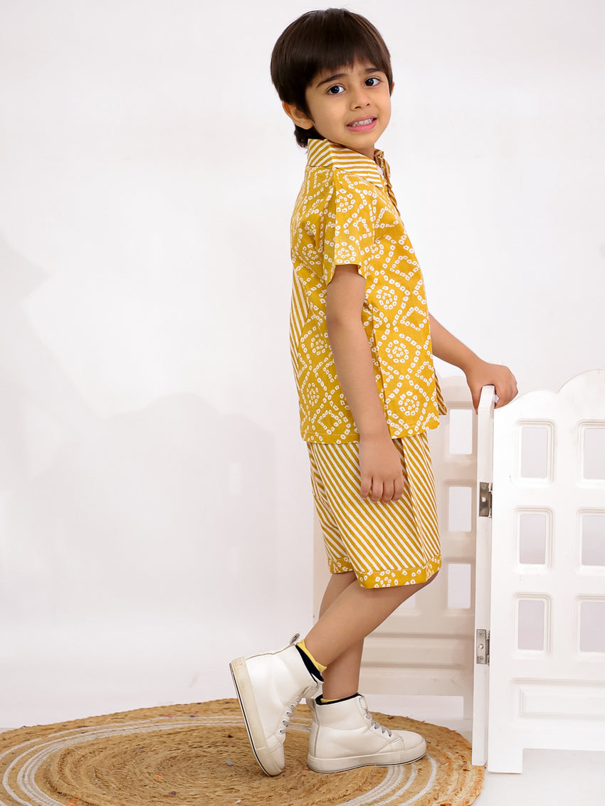 Cuddly Cubs Boys Yellow Bandhani Print Cotton Shirt and Shorts Co-ord Set